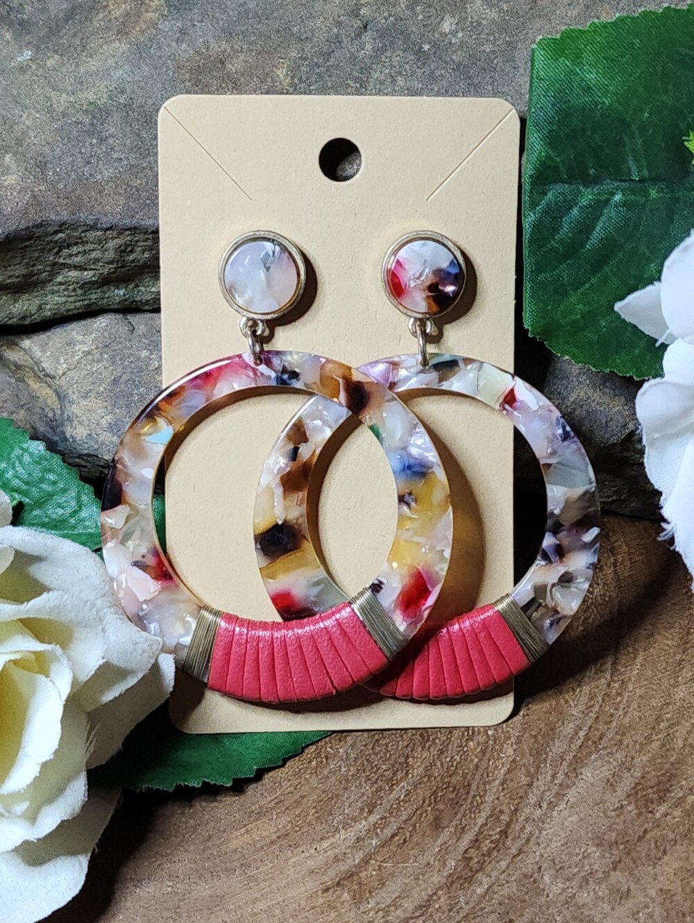 Multicolor Acrylic Hoop Earrings with Faux Leather Accent